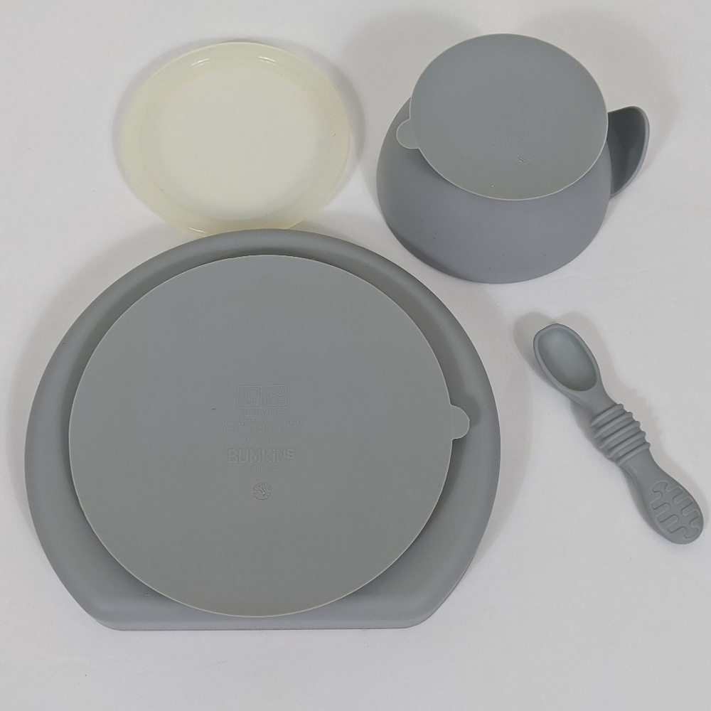 Bumkins 3 Piece Gray Silicone Baby Toddler Feeding Suction Plate Bowl and Spoon - Picture 7 of 7